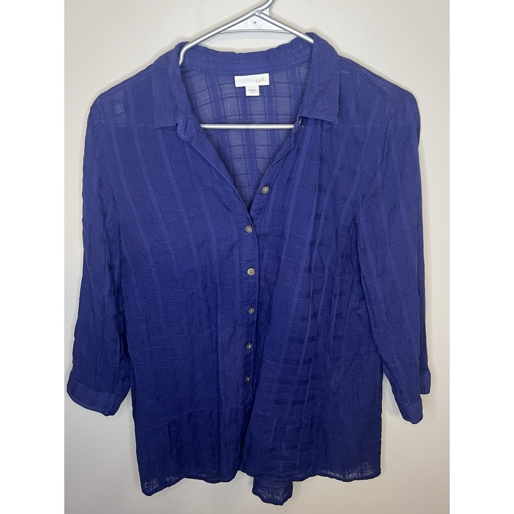 J Jill Size Small Blouse 3/4 Sleeves Ruffle Flounce Square Pattern Sheer Size S